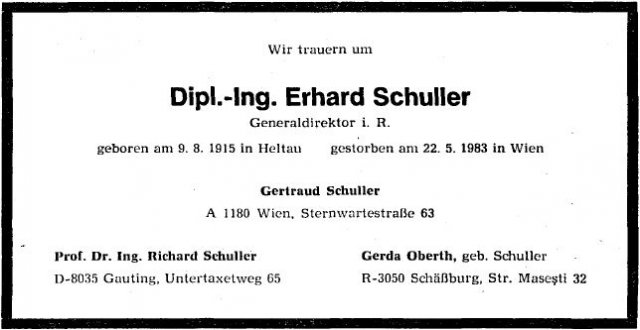 Schuller Erhard 1915-1983 Todesanzeige